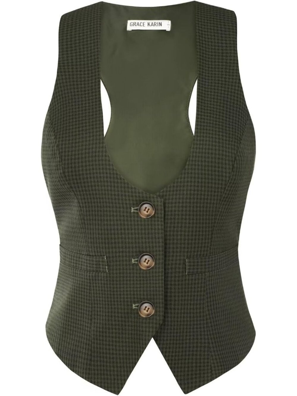 Women's Army Green Dressy Casual Sleeveless Button Waistcoat Suit Vest Tops